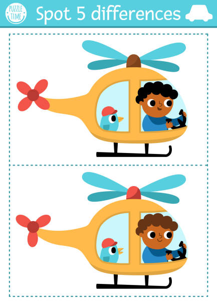 finde unterschiede spiel für kinder. transportpädagogische aktivität mit hubschrauber mit pilot, der in den himmel fliegt. niedliches puzzle für kinder mit lustigem transport. arbeitsblatt zum ausdrucken - discovery aspirations pilot child stock-grafiken, -clipart, -cartoons und -symbole