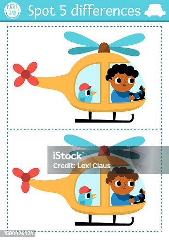 istock Find differences game for children. Transportation educational activity with helicopter with pilot flying in the sky. Cute puzzle for kids with funny transport. Printable worksheet 1580426434