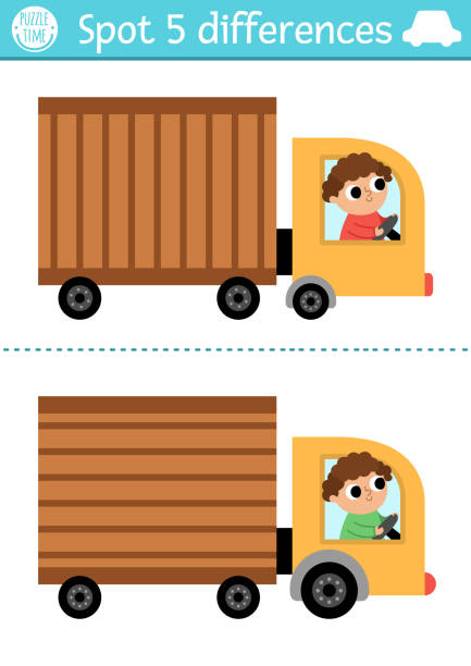 ilustrações, clipart, desenhos animados e ícones de encontre diferenças jogo para crianças. transporte de atividade educativa com caminhão bonito com motorista. quebra-cabeça bonito para crianças com transporte engraçado. planilha ou página imprimível para habilidades de lógica e atenção - truck semi truck pick up truck car transporter