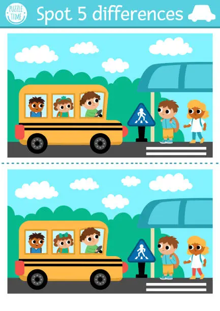 Vector illustration of Find differences game for children. Transportation educational activity with cute school bus with driver, picking kids on bus stop. Cute puzzle for kids with funny transport. Printable worksheet or page