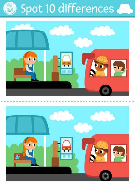 Vector illustration of Find differences game for children. Transportation educational activity with cute bus with driver, picking passenger on bus stop. Cute puzzle for kids with funny transport. Printable worksheet