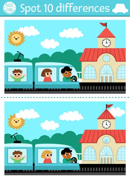 Vector illustration of Find differences game for children. Transportation educational activity with cute train with passengers and driver, railway station. Cute puzzle for kids with funny transport. Printable worksheet