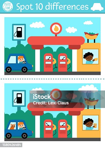 istock Find differences game for children. Transportation educational activity with cute car with driver, filling station, cafe. Cute puzzle for kids with funny transport. Printable worksheet 1580426484