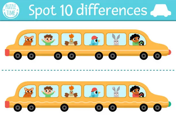 Vector illustration of Find differences game for children. Transportation educational activity with cute limousine with passengers, driver. Cute puzzle for kids with funny transport. Printable worksheet with limo