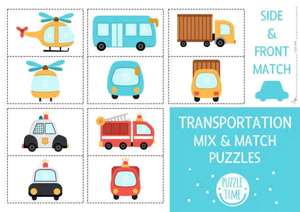 Vector illustration of Vector transportation mix match puzzle with truck, helicopter, police car, bus, fire engine. Matching transport activity for kids. Educational printable game with front and side view vehicles