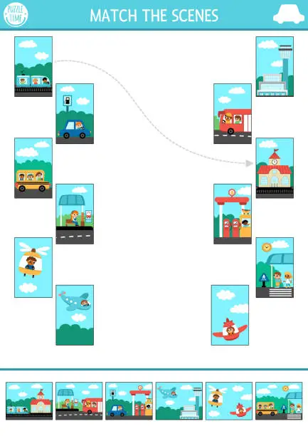 Vector illustration of Transportation matching activity with cute plane, bus, car, helicopter, train and places they go. City transport puzzle. Match the scenes game. Match up page, printable worksheet with vehicles