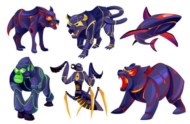 Vector illustration of Cyborg animals. Futuristic dark metal fauna characters, robotic powerful beasts, mechanical shark, praying mantis and bear, gorilla with glowing eyes, wolf and angry cat, tidy vector set