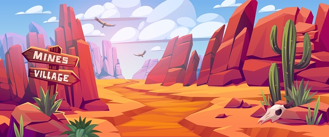 Desert landscape. Canyon panorama, cartoon rocks and stones, eagles in the sky, cacti and succulents, arid climate zone. Horizontal banner template. Wild west summer background. Tidy vector concept