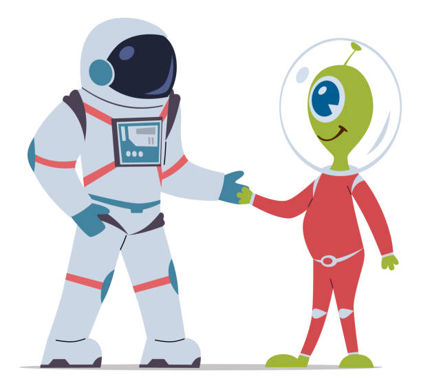 istock Astronaut with alien. Cosmonaut in spacesuit with helmet. Cosmic friends. Universe discovery and space exploration. Spaceman and extraterrestrial character, cartoon flat vector illustration 1580446252