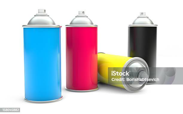 Latas De Aerosol De Pintura De Cmyk Foto de stock y más banco de imágenes de Pintura con pistola - Pintura con pistola, Lata - Recipiente, Espray aerosol