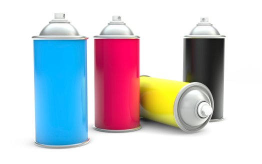 CMYK Paint spray cans isolated with clipping path