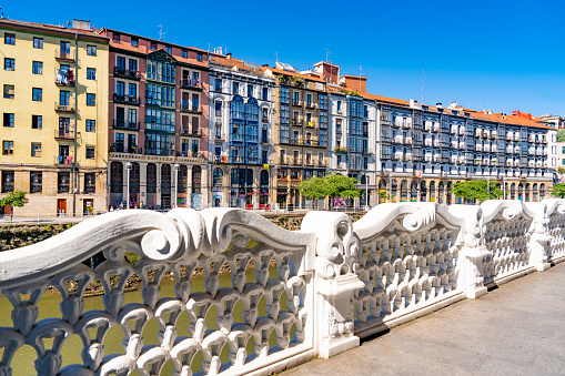 Bilbao downtown Nervion river balustrade and facades in Biscay Basque Country of Spain