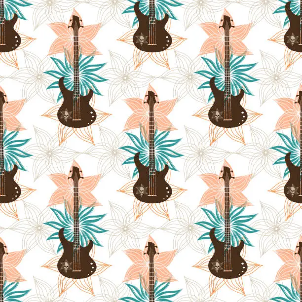 Vector illustration of Seamless background with bass guitar and flowers.. Music wallpaper.