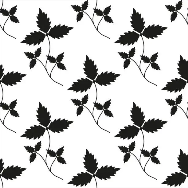 Vector illustration of vector seamless pattern with floral elements. Vector pattern with leaves, twigs, branches, grass. Black and white