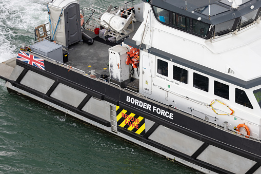 UK Border Force boat leaving the harbour port of  Dover in the south east corner of the United Kingdom