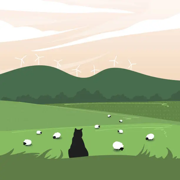 Vector illustration of Landscape with a cat sitting on a hill in the background.Vector illustration.