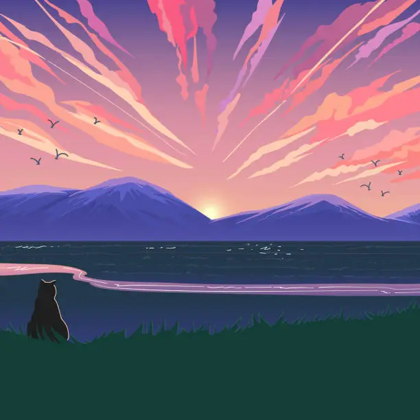 Vector illustration of Landscape with a cat near a lake in the background.Vector illustration.