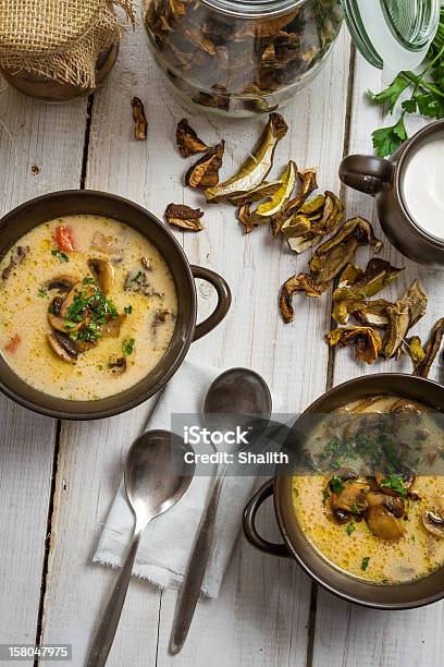 Two Plate Of Mushroom Soup Stock Photo - Download Image Now - Boiled, Bowl, Brown