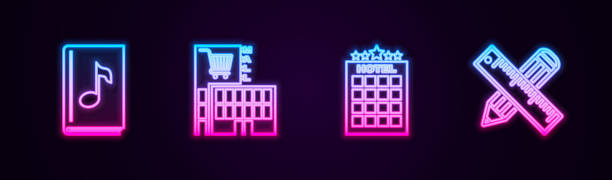 illustrazioni stock, clip art, cartoni animati e icone di tendenza di linea impostata audiolibro, edificio del centro commerciale o del supermercato, righello e matita dell'hotel e della croce. icona al neon incandescente. vettore - building activity audio