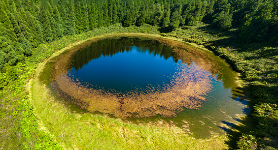 Pau Pique Lagoon on the Azorean island of São Miguel.  Pond shaped like a cow's eye.