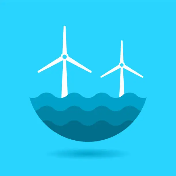 Vector illustration of Wind turbine at the ocean. Wind energy concept. Sustainable power sources idea.