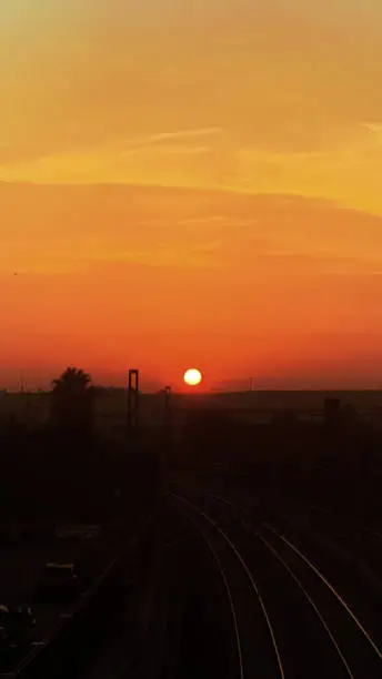 Sunset over train tracks in Istanbul, Turkey