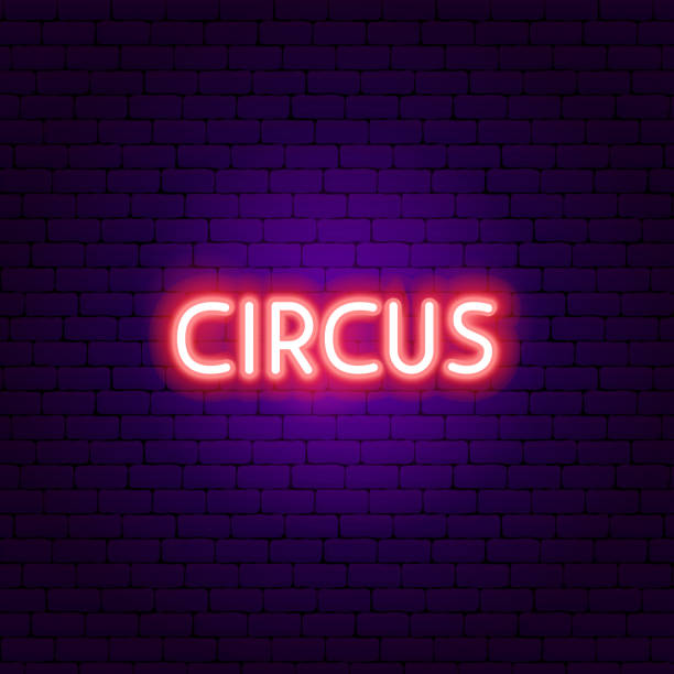 illustrazioni stock, clip art, cartoni animati e icone di tendenza di circus neon text - curtain red color image clown