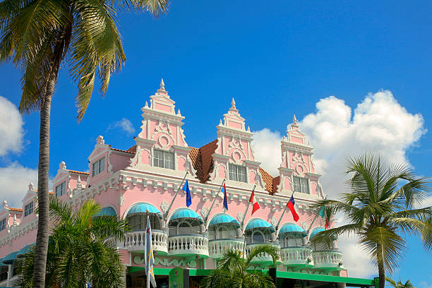 Oranjestad, Aruba - December 01, 2011: View from above of colorful buildings in Oranjestad on the island of Aruba in the morning sun.