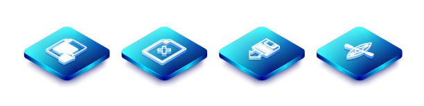 Set Isometric line Delete file document, , Floppy disk backup and Kayak and paddle icon. Vector Set Isometric line Delete file document, , Floppy disk backup and Kayak and paddle icon. Vector. water backup stock illustrations
