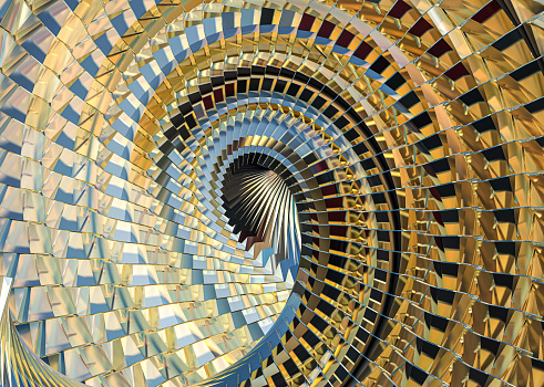 Spiral wooden stairs with a person in the middle