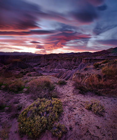 wind clouds in the desert at sunset. erosion, plants, clouds, colors, taverns