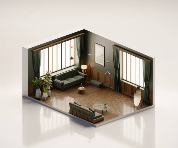 istock Isometric view living room muji style open inside interior architecture 3d rendering digital art 1580586825