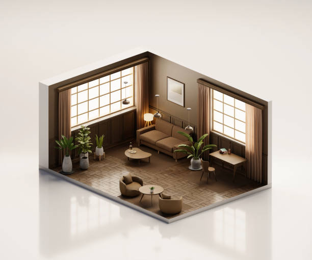 istock Isometric view living room muji style open inside interior architecture 3d rendering digital art 1580587391