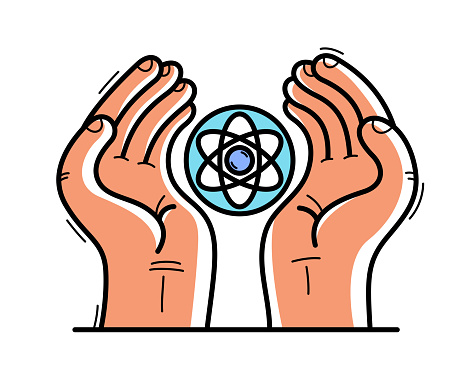 Two hands with atom icon protecting and showing care vector flat style illustration isolated on white, cherish and defense for science and research concept, nuclear atom for peace.
