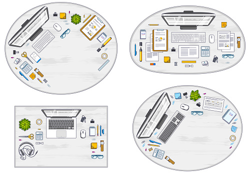 Work desks workspaces top view with PC or laptops and a lot of different stationery objects and analytics documents on tables, look above. All elements are easy to use separately. Vector set.