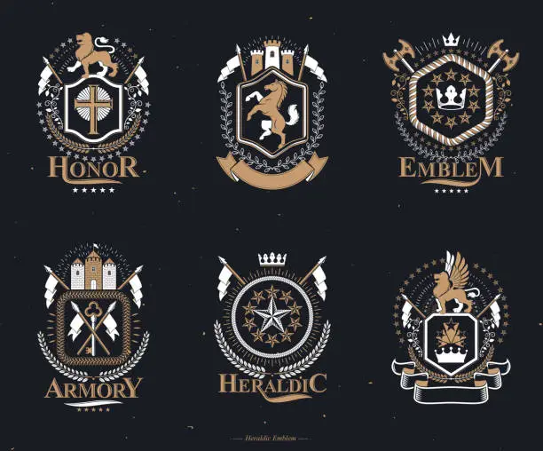 Vector illustration of Set of luxury heraldic vector templates. Collection of vector symbolic blazons made using graphic elements, royal crowns, medieval castles, armory and religious crosses.