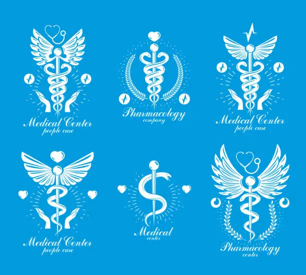 Vector illustration of Set of vector Caduceus logotypes can be used in cardiology, rehabilitation and as medical clinic emblems.