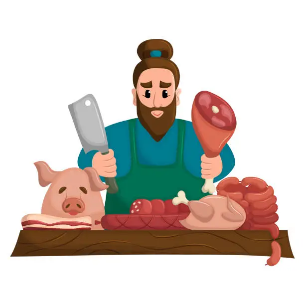 Vector illustration of Meat vendor sells his fresh meat products at local market. Natural, home-grown meat. Flat vector illustration.