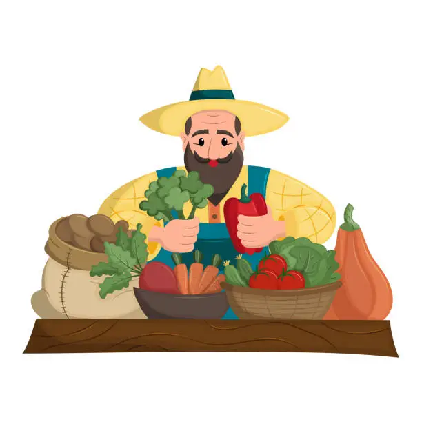Vector illustration of Cheerful farmer in straw hat sells fresh vegetables grown in his vegetable garden. Ecologically clean, natural products. Flat vector illustration.