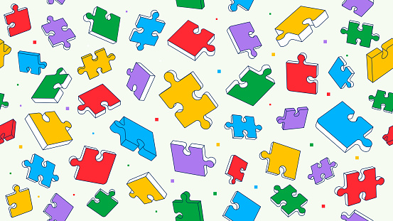 Colorful seamless puzzle pattern. 3D Puzzles texture on white background. Vector Illustration