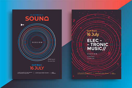 Modern music festival poster design with circle lines creates a dynamic effect. Electronic Sound Club party flyer.