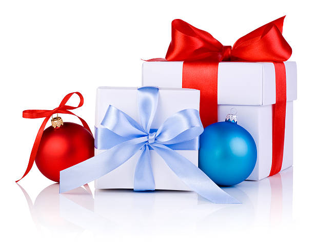 istock Two White boxs tied ribbon bow, red and blue balls 158060129