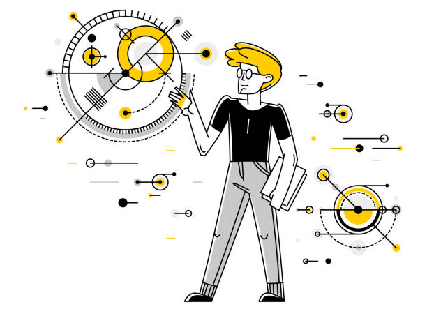 illustrations, cliparts, dessins animés et icônes de ingénieur travaillant sur un projet, spécialiste en mécanique faisant son travail sur l’illustration vectorielle du plan d’ébauche, inventeur créatif, réparation de machine. - inventor