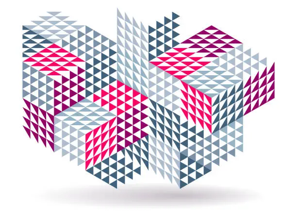 Vector illustration of Abstract vector wallpaper with 3D isometric cubes blocks, geometric construction with blocks shapes and forms, op art low poly theme.