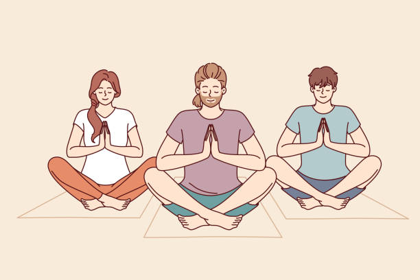 ilustrações, clipart, desenhos animados e ícones de as pessoas fazem meditação e ioga sentadas em tapetes de fitness e tomando posição de lótus para fazer a prática zen - yoga lotus zen like buddhism