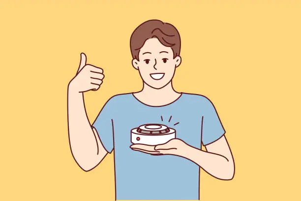 Vector illustration of Man with smoke detector gives thumbs up recommending purchase of fire safety equipment