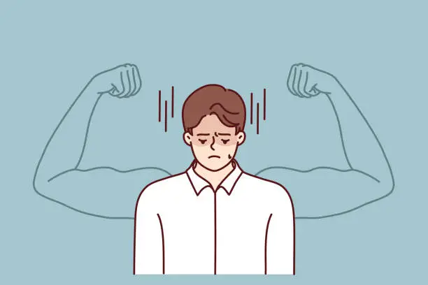 Vector illustration of Frustrated man wants to get strong to have muscular arms and needs help of fitness trainer