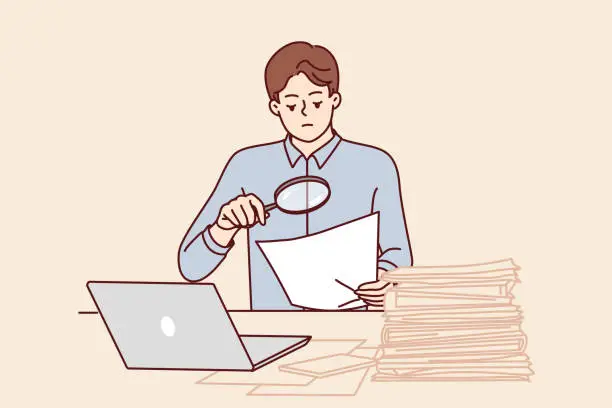 Vector illustration of Man tax inspector is sitting in office doing paperwork using magnifying glass to check contract