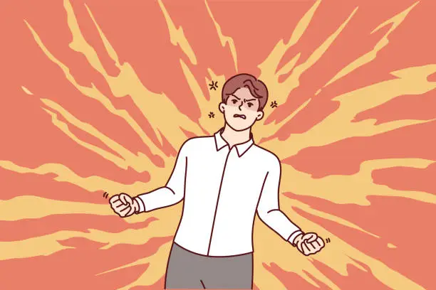 Vector illustration of Angry businessman clenching fists standing in flames and feeling hatred and aggression.