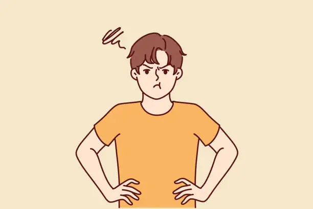 Vector illustration of Angry boy looks at screen and keeps hands on belt trying to protest against wishes of parents